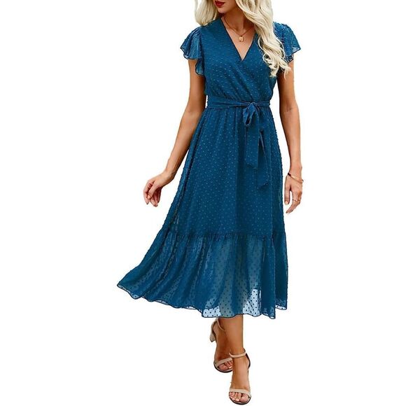 NEW Boho Wrap V Neck Ruffle Cap Sleeve Swiss Dot S NO BELT - Picture 1 of 6